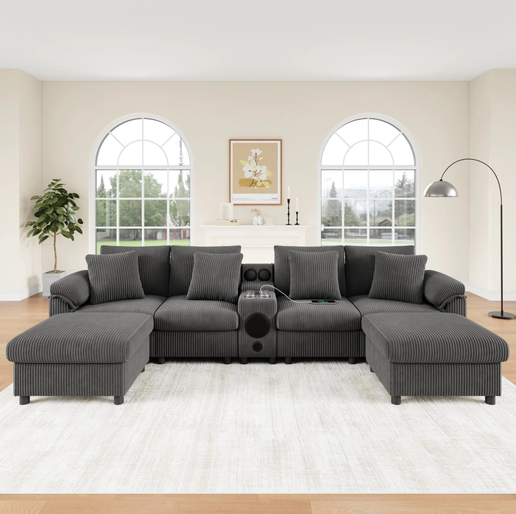 Divano modulare in velluto a coste con console Bluetooth; ricarica wireless USB/Type-C; grigio