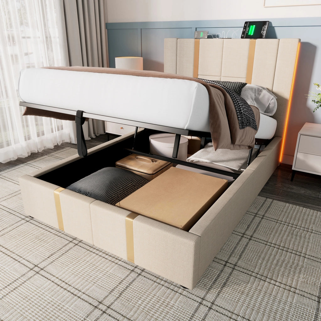 Letto imbottito 90x200 cm beige con materasso, LED e ricarica USB-C