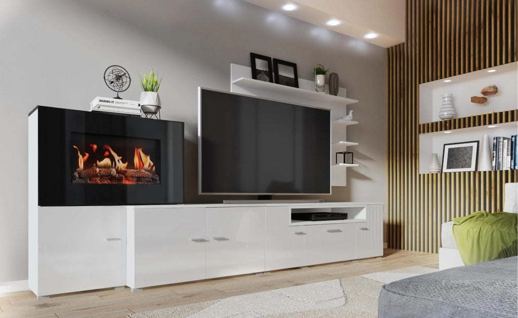 Mobili da soggiorno, camino elettrico a 5 livelli di fiamme, Bianco Opaco e Laccato Bianco Chiaro, 290x45x170cm  RF3663