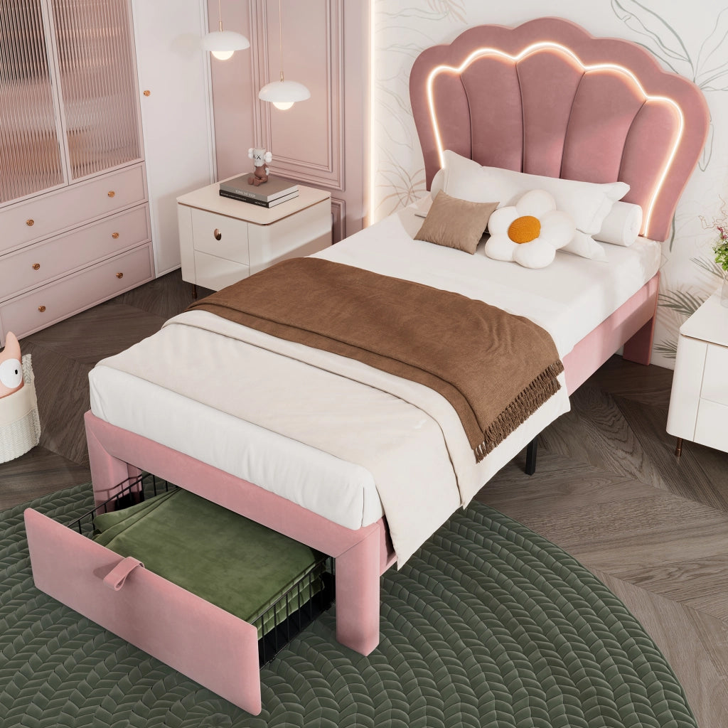 Letto Singolo Imbottito con LED e Cassetti ¨C MINIMAL ¨C Velluto Rosa 90x190