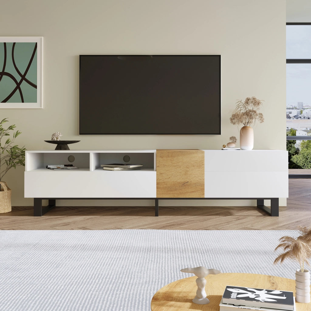 Mobile TV 2 ante e 2 cassetti con 2 vani aperti per soggiorno in MDF bianco effetto legno con piedini in metallo nero
