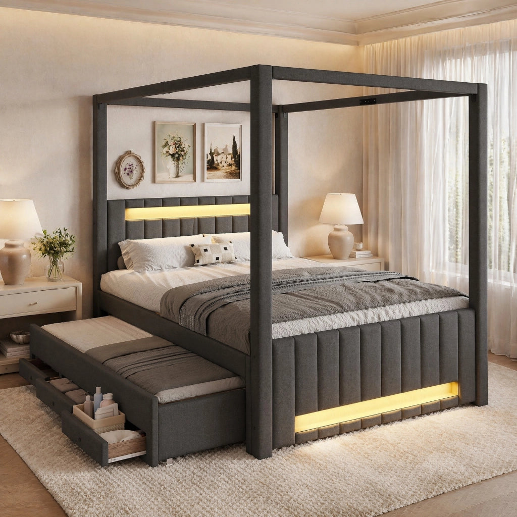 Letto a baldacchino imbottito 140x200 cm con letto estraibile e LED