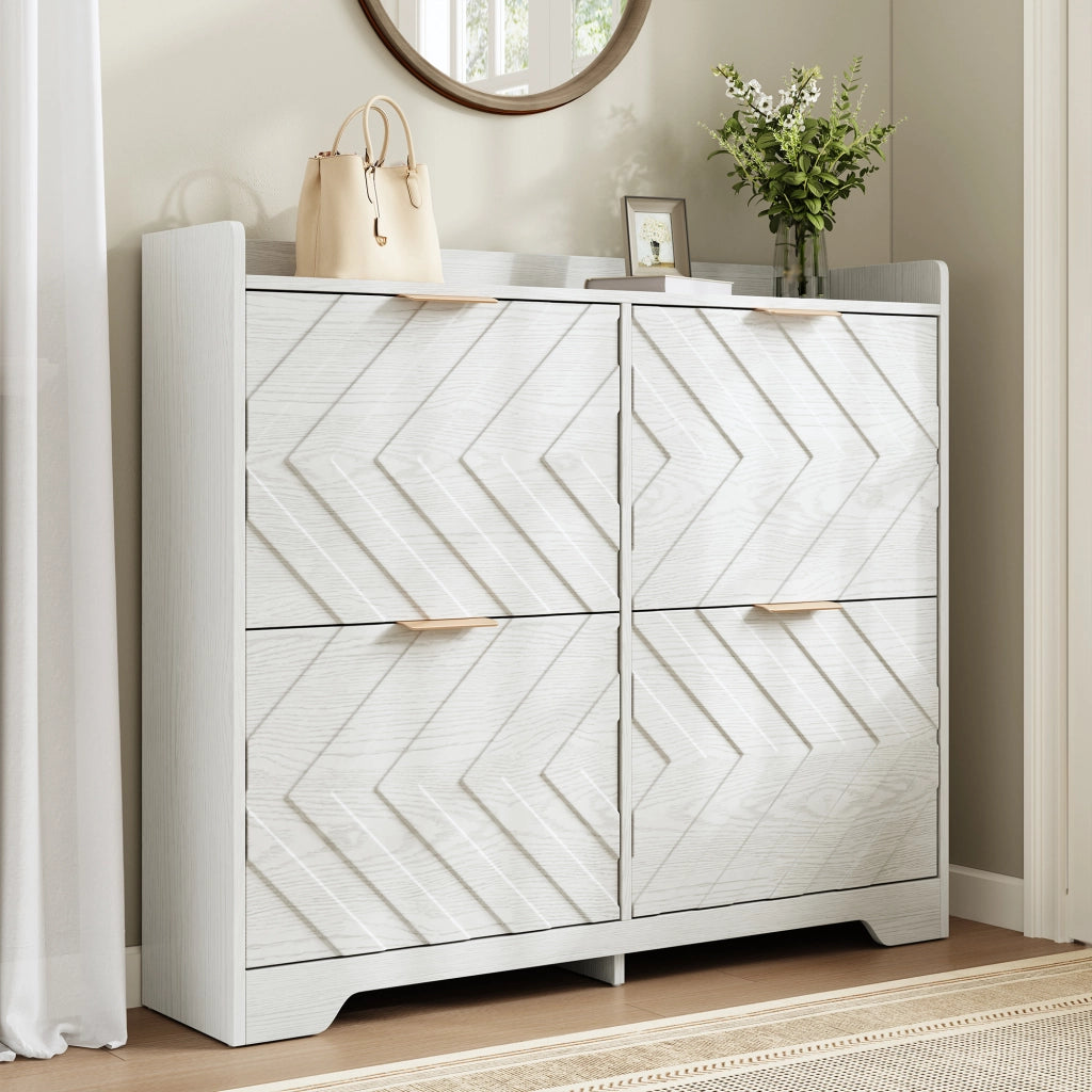 Scarpiera bianca con 4 ante a ribalta, 105 cm, frontale 3D, MDF