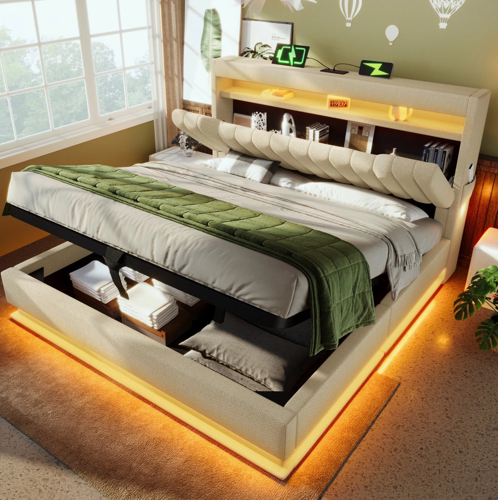 Letto contenitore 160x200 cm beige con LED, USB e Type-C
