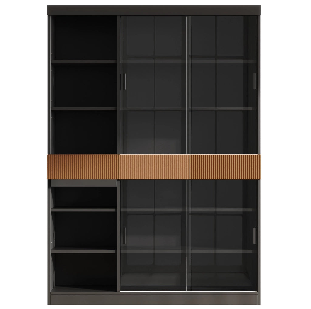 Vetrina 120 x 28,5 x 180 cm con ante scorrevoli in vetro temperato grigio, LED integrato, 3 cassetti e ripiano ribaltabile