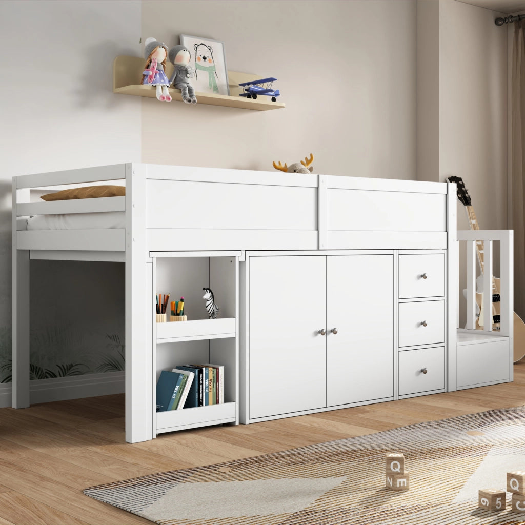 Letto a soppalco 90x200 cm con scrivania estraibile e armadi in MDF bianco