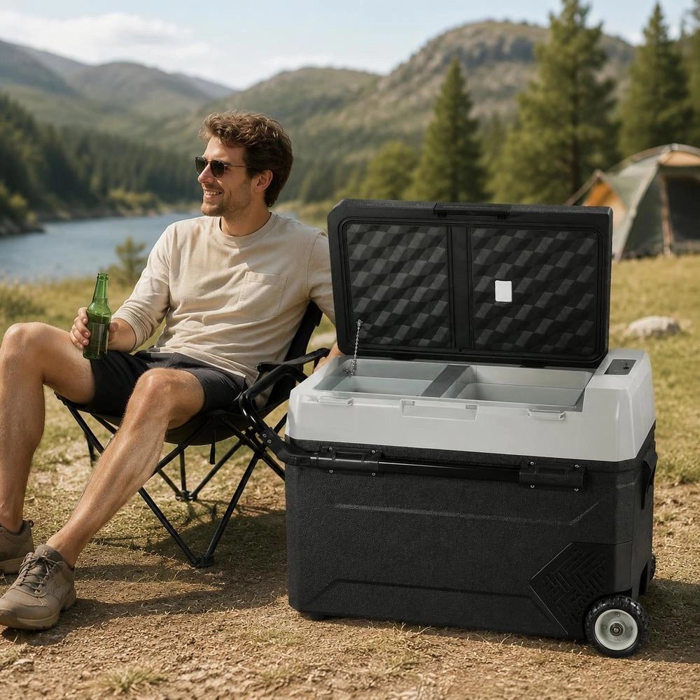 Camping Refrigerator 53L Cooler Box, 12/24V Rollable Electric Freezer Box 2 In 1 Dual Zone, Car Refrigerator Compressor For Warming And Cooling 60W Portable Handle Boat, Truck, Mobile Grey