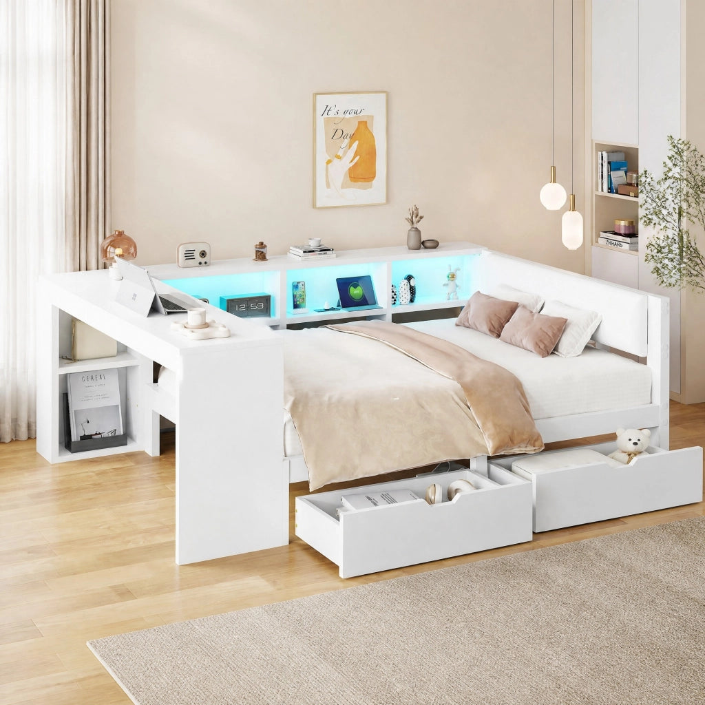 Letto piattaforma 140x200 cm con LED, USB e cassetti bianco