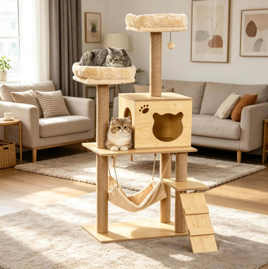 Tiragraffi per gatti 130 cm con amaca e cuccia