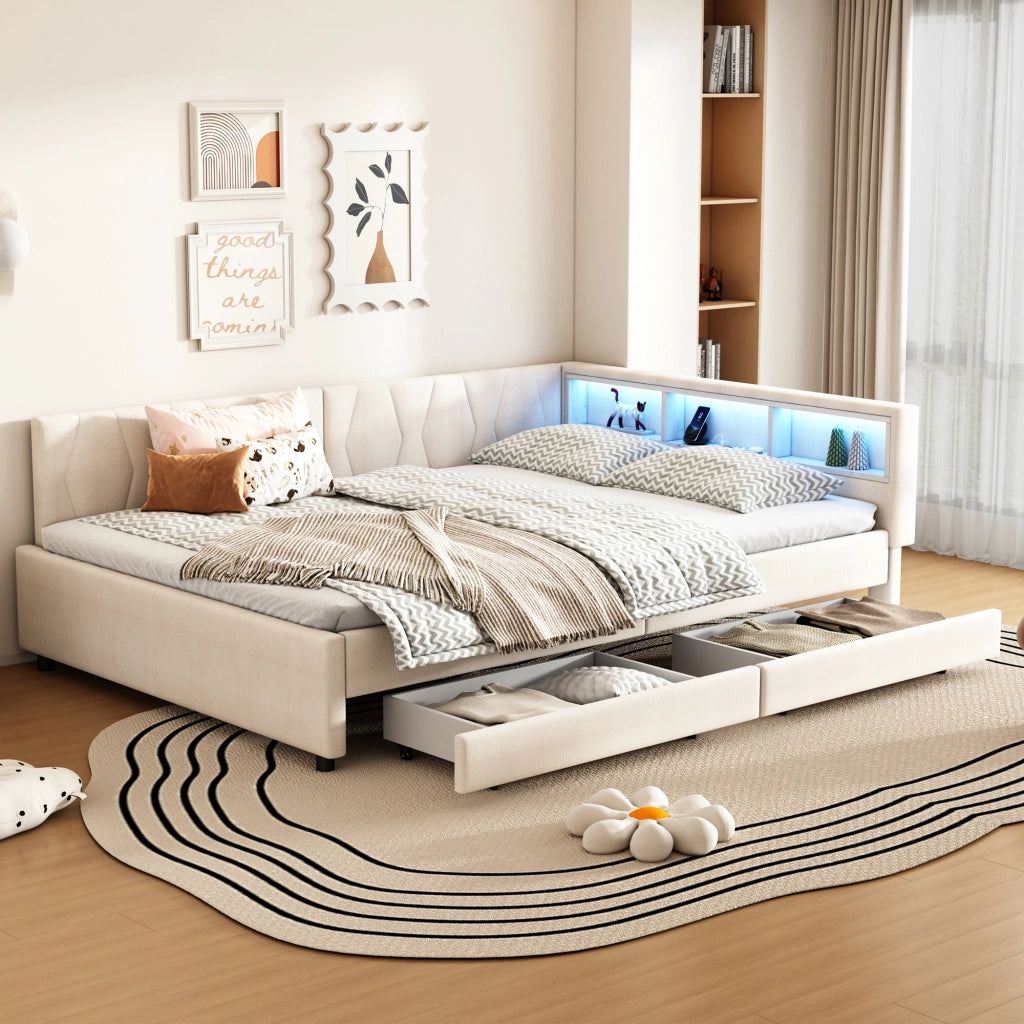 Letto con cassetti 140 × 200 cm con LED USB e Type-C in lino e MDF beige