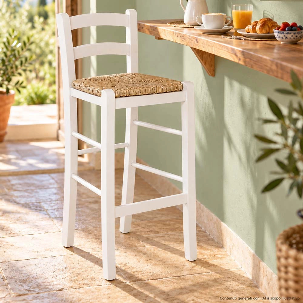 Sgabello da Bar Legno Bianco Laccato con Schienale e seduta Paglia h 67 cm