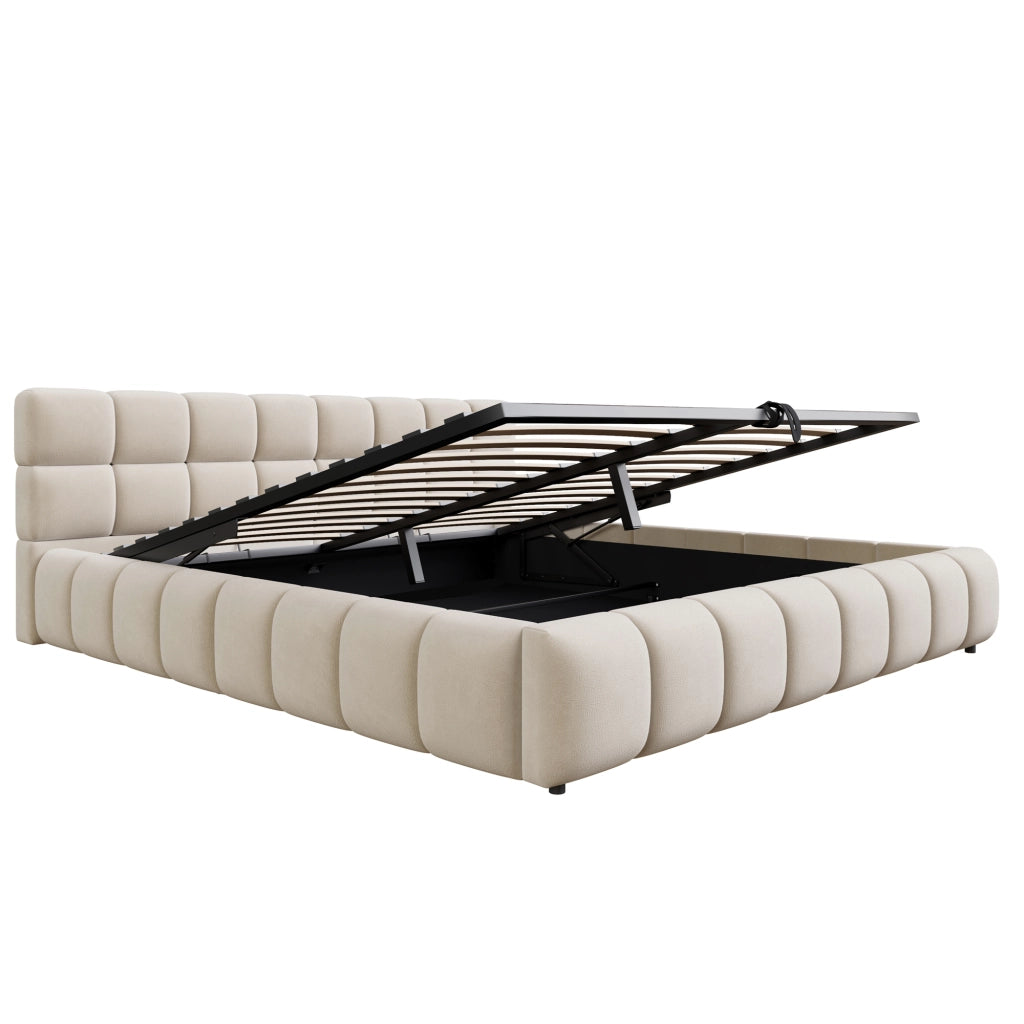 Letto contenitore matrimoniale 200 × 160 cm, illuminazione LED regolabile e testiera imbottita, senza materasso, beige