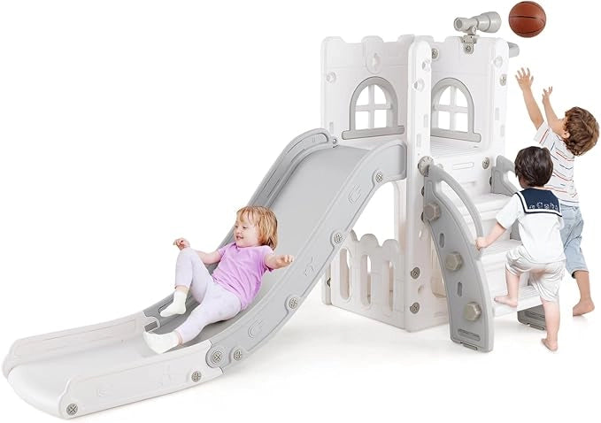 6 in 1 Scivolo per Bambini, Set da Gioco a Forma di L con Canestro da Basket e Telescopio, Spazio di Archiviazione, Scivolo da Interno ed Esterno per 1-3 Anni (Grigio)