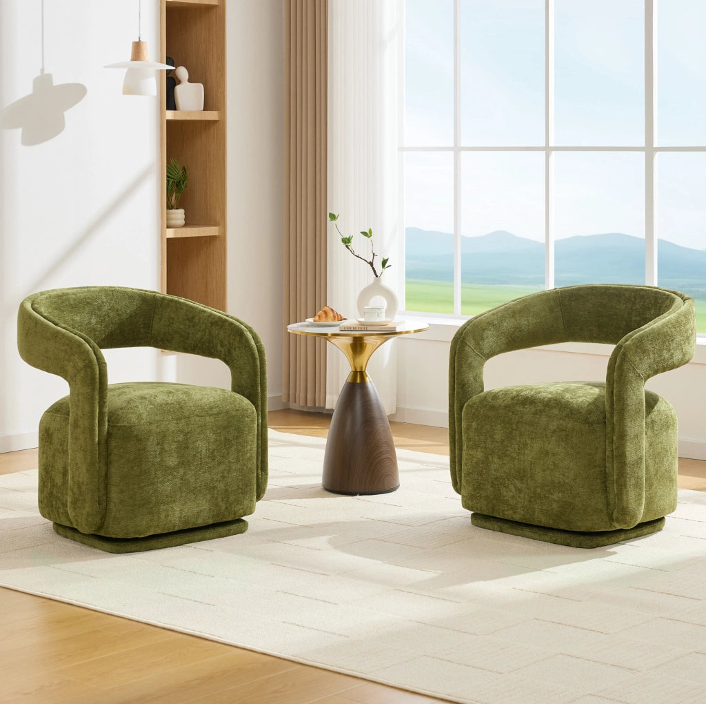 Poltrona girevole 360° in chenille verde, design Barrel Chair