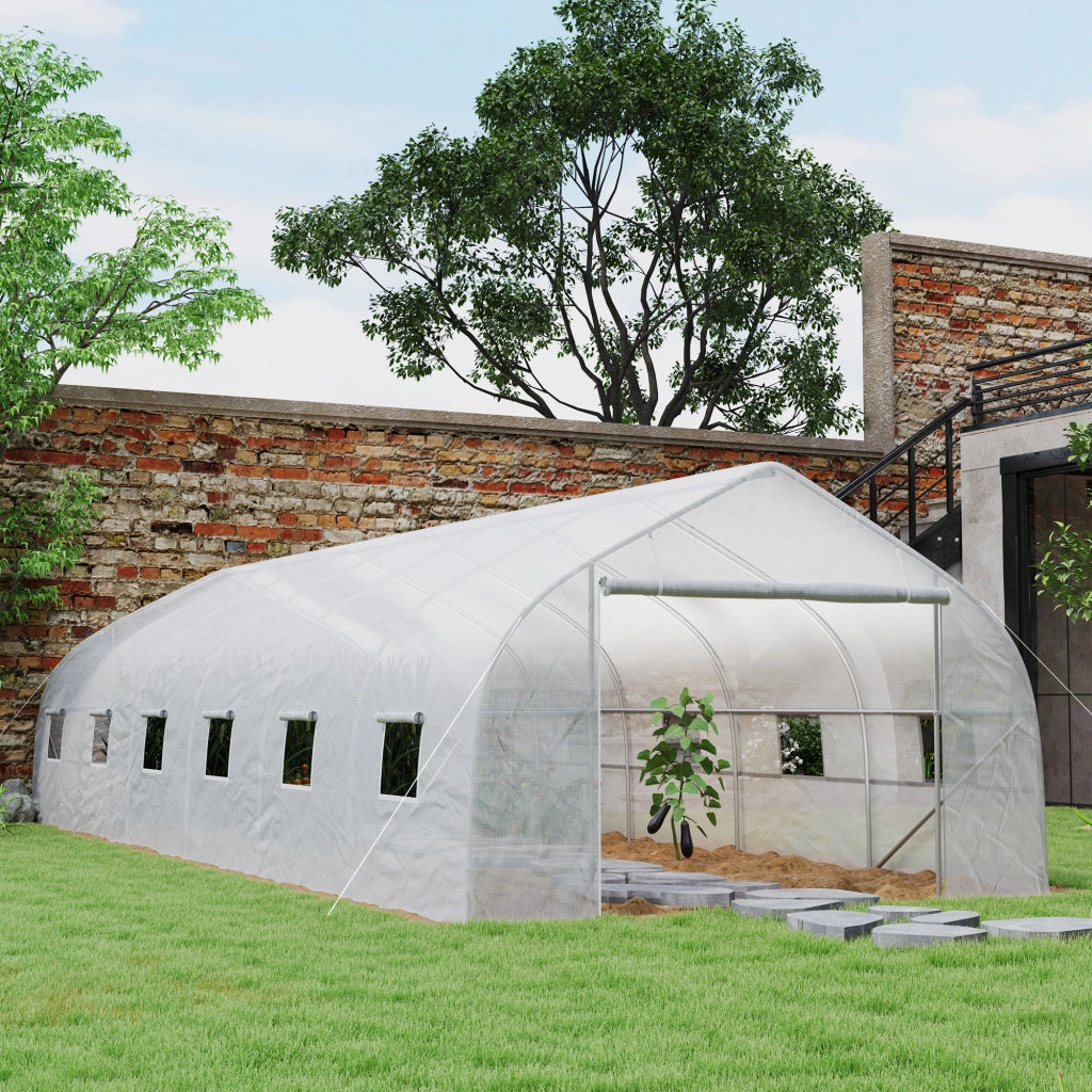 Serre de jardin tunnel grande taille avec bâche PE cadre en acier porte enroulable et 12 fenêtres 8 x 3 x 2 m blanc