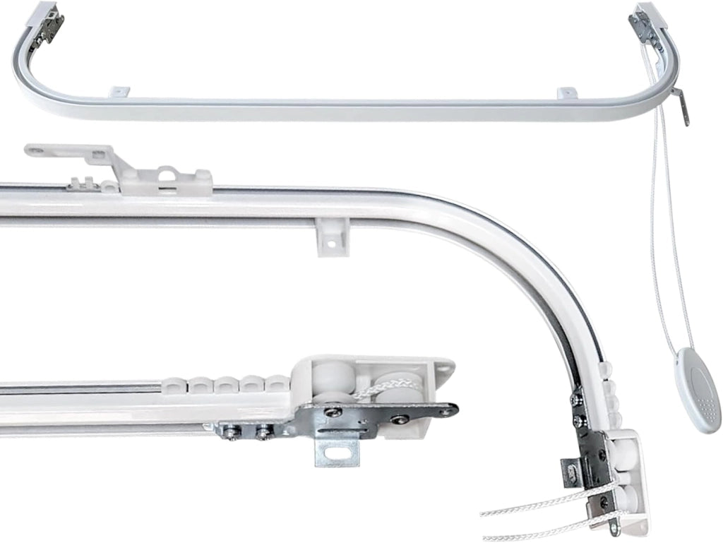 Binario Scorritenda da Soffitto in Alluminio Bianco, Curve Sporgenti 22cm, Movimento a Corda, Apertura Sinistra CM lunghezza 260cm