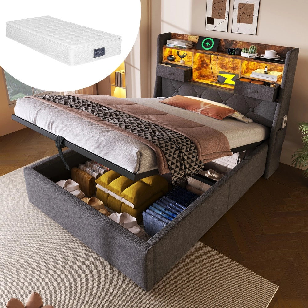 Letto Singolo Imbottito con Contenitore Idraulico e Testiera LED ¨C MINIMAL ¨C Grigio, 90x200