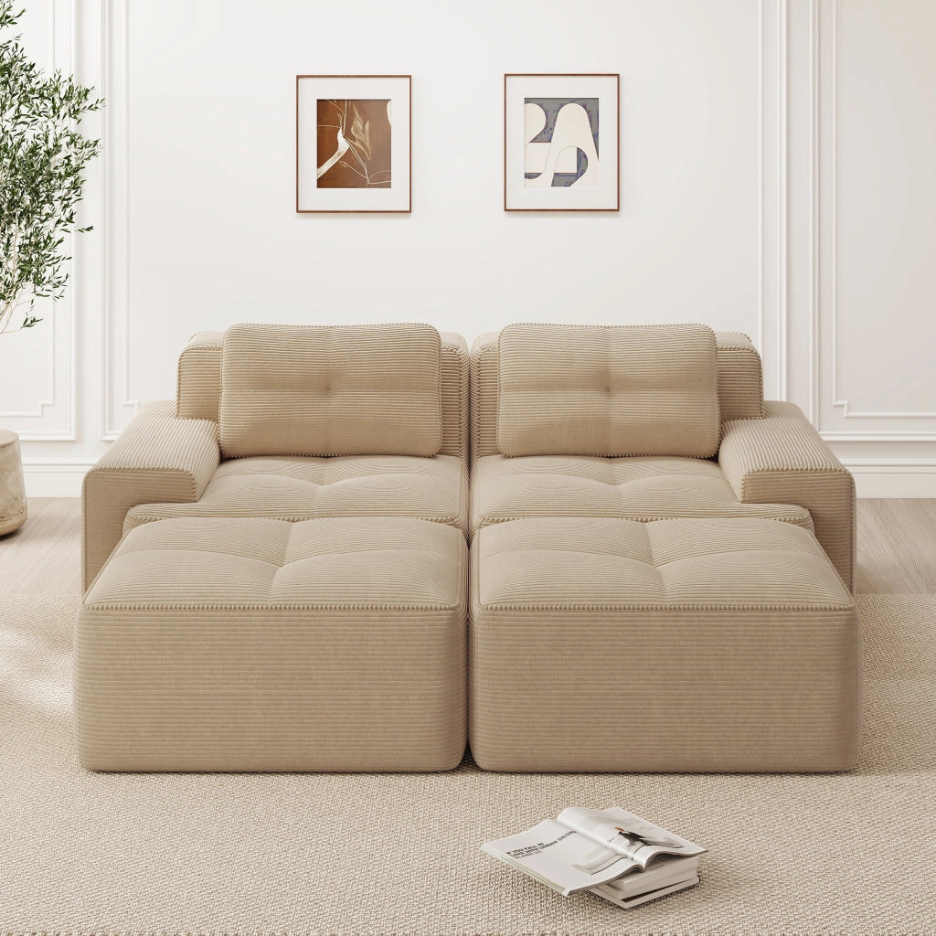 Divano Modulare a U con Ottoman ¨C MINIMAL ¨C Velluto a Coste, Beige, 2 Posti