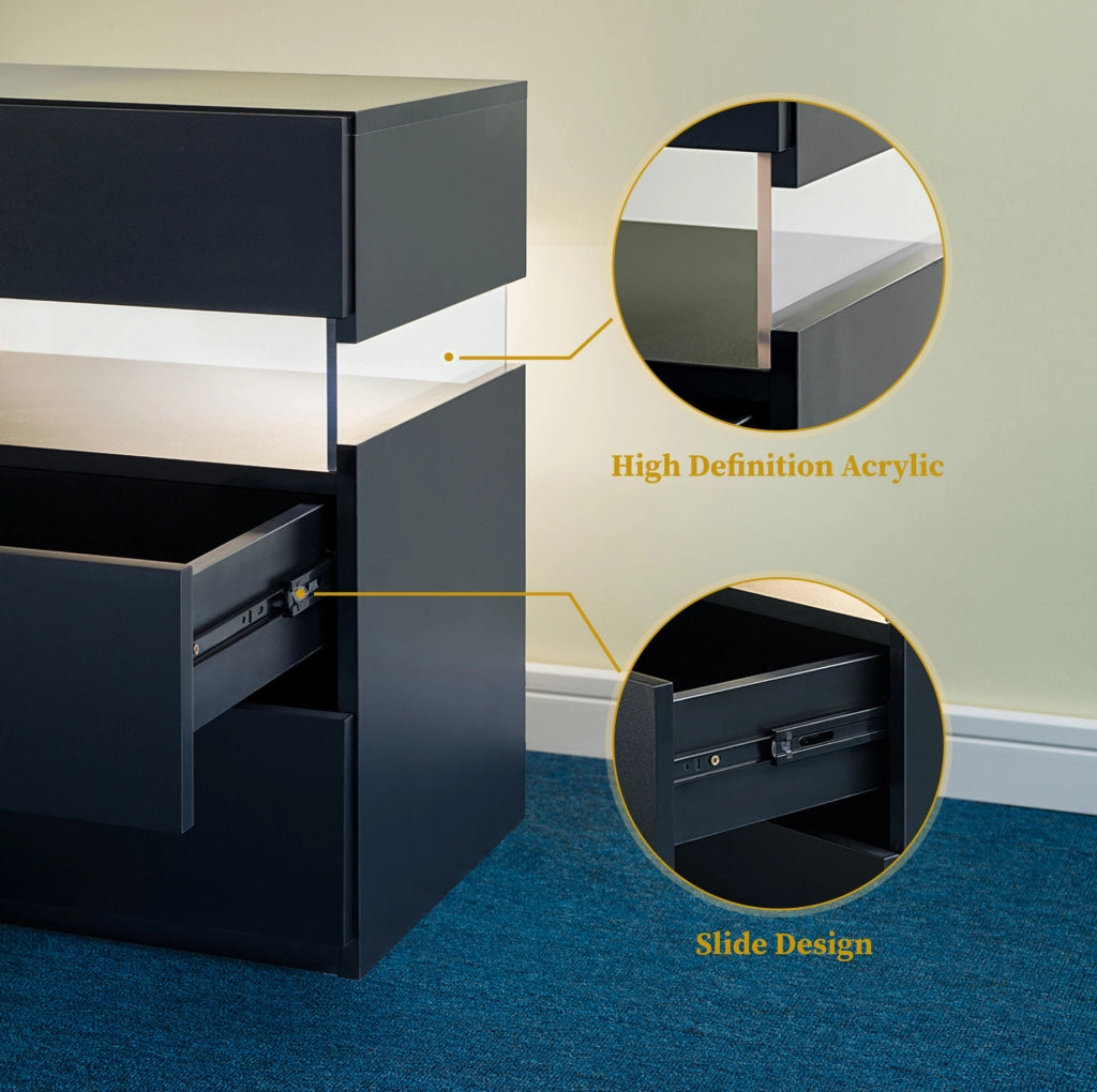 Comodino con LED RGB e 3 cassetti in legno ingegnerizzato nero