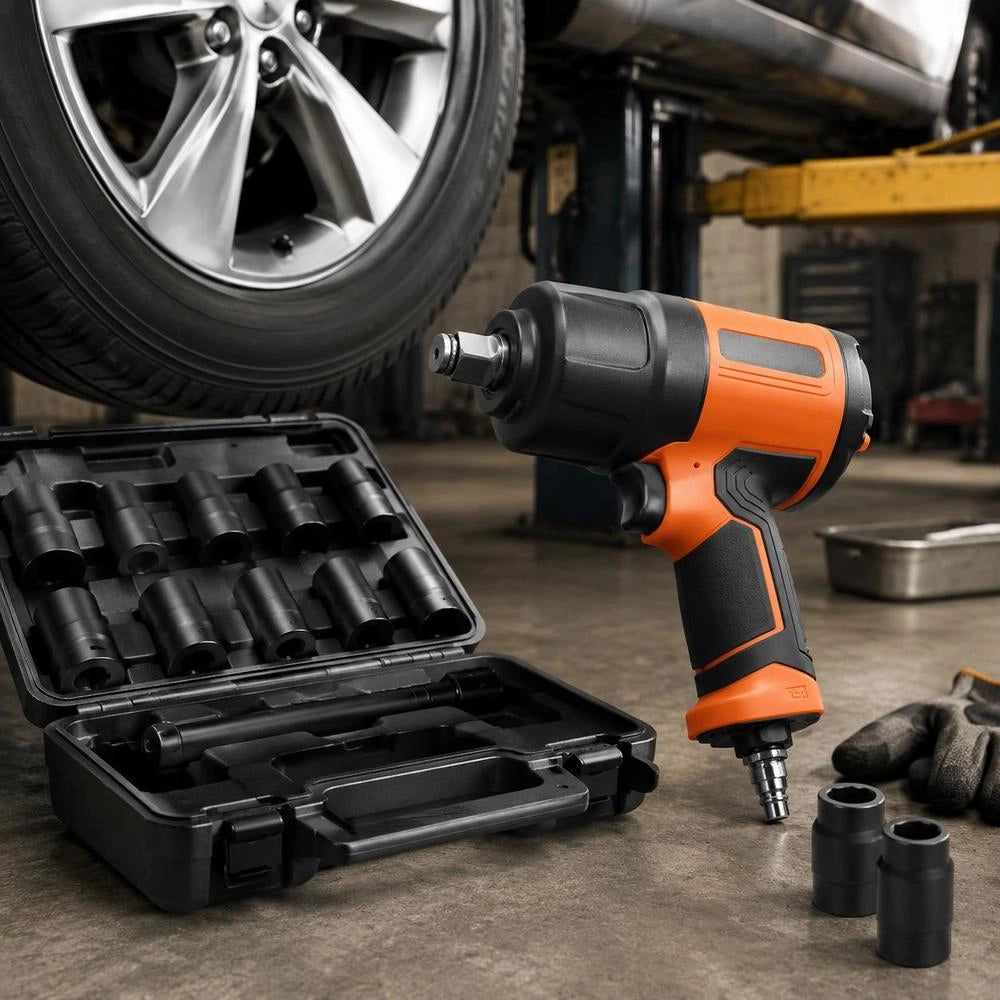 Pneumatic Impact Wrench, Max. Loosening Torque 1898 Nm, 1.27 Cm Square Drive, Max. Torque 1627 Nm, Low Vibration, Includes 10 Sockets, 8000 Rpm No-load Speed