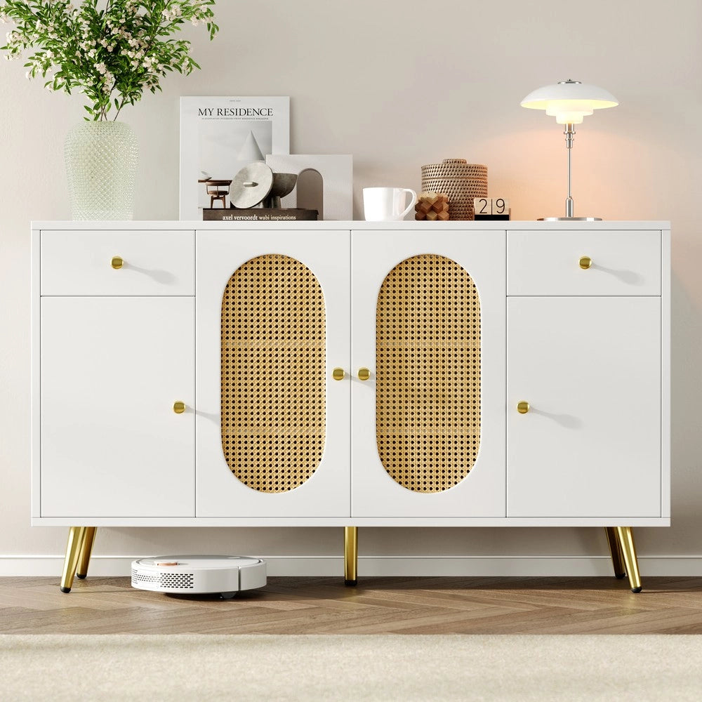 Cassettiera con 2 cassetti e 4 ante ¨C Minimal ¨C bianco legno naturale 140x35x82 cm per soggiorno cucina