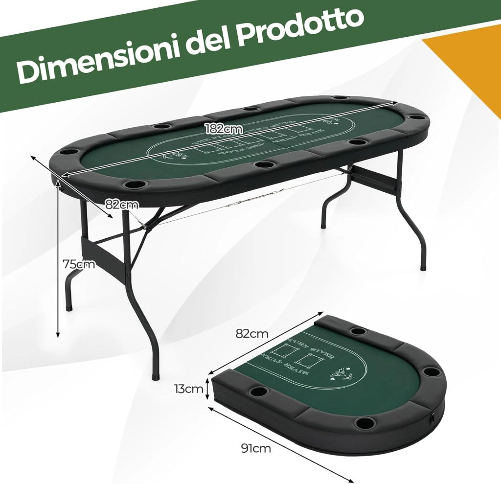 Tavolo da Poker Pieghevole 182 cm per 8 Giocatori, Tavolo da Gioco Ovalo con Supporti per Bicchieri, Rivestimenti Imbottiti, per Blackjack, Texas Hold’em, Giochi da Casinò (Verde)