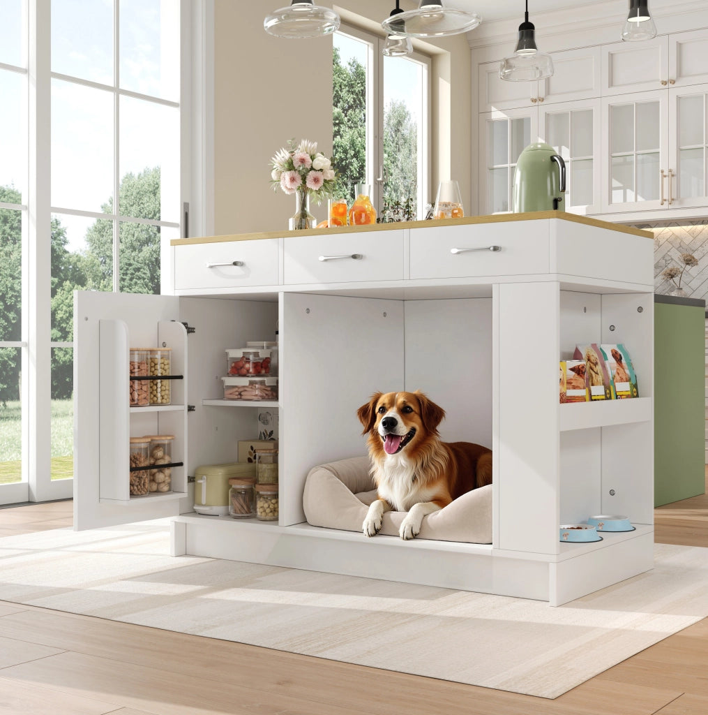 Isola da cucina con 3 cassetti, portaspezie, ripiano regolabile e ampio spazio per animali domestici, 120x60x90 cm, bianco