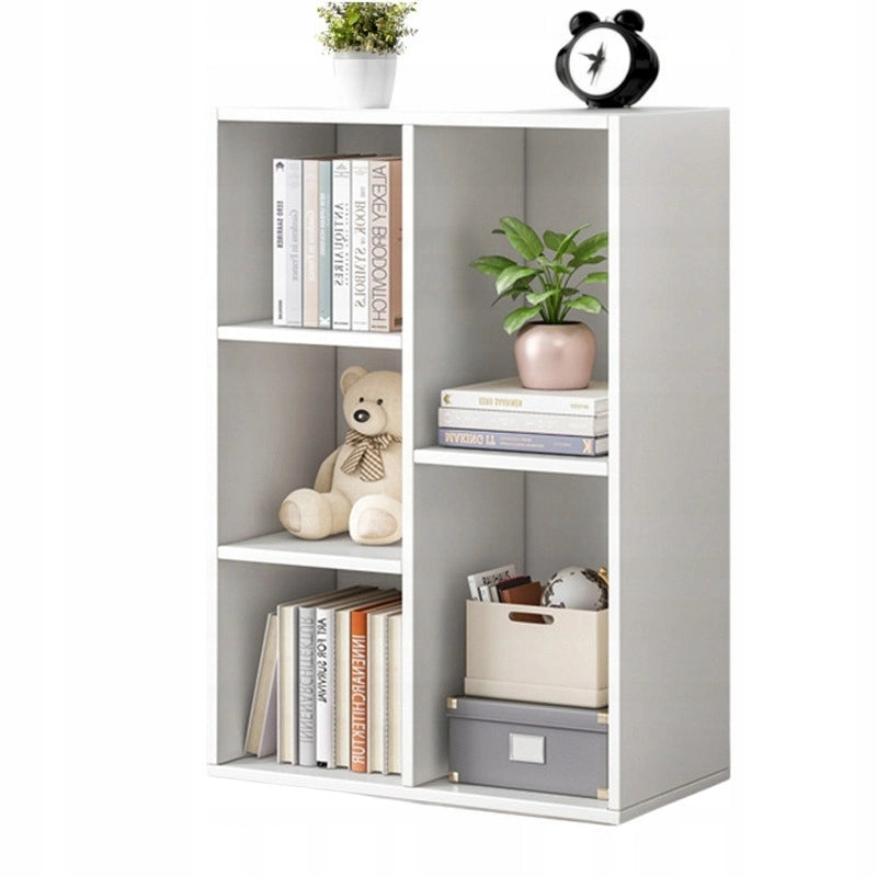 Scaffale aperto grande stile loft scandinavo, con 5 ripiani e cassettiera, colore bianco.