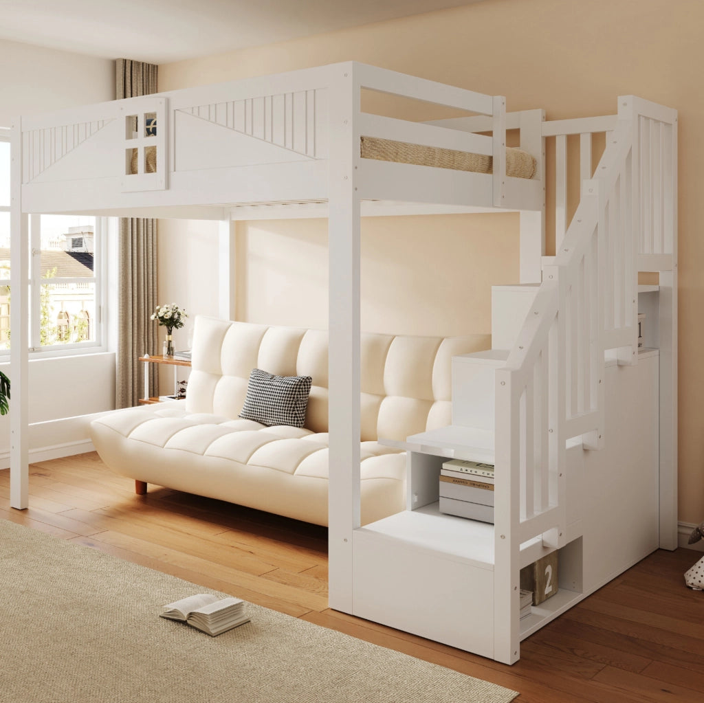 Letto a soppalco 140x200 cm in legno massello; bianco; con scala reversibile e spazio contenitivo