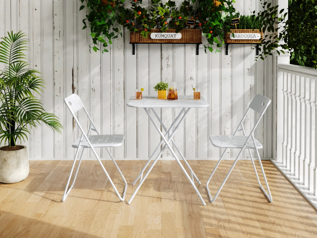 OKWISHSet Bistrot da Giardino Pieghevole 3 Pezzi con 2 Sedie e Tavolo, Salvaspazio, Acciaio Bianco 60 × 60 × 73 cm