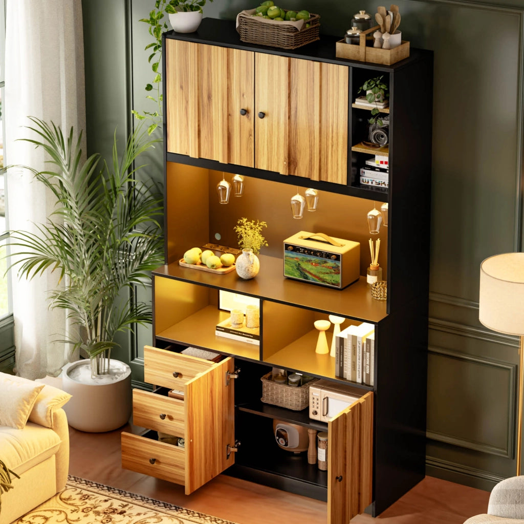 Mobile da cucina alto 180 cm con illuminazione LED, prese integrate, portabicchieri e vetrina in MDF