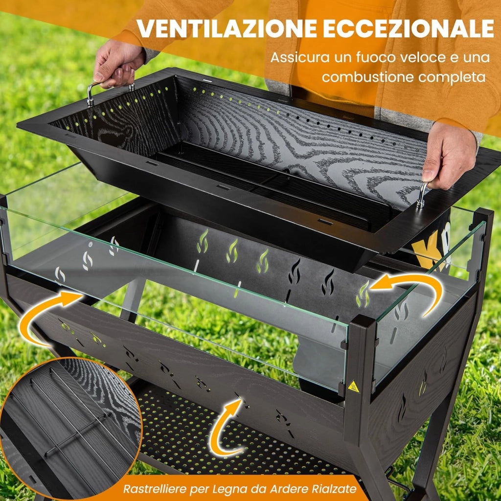 Barbecue a Carbonella, Griglia a Carbone Portatile con Protezione Antivento, Ripiani per Condimenti, Mensola Portaoggetti, per Cucinare, Campeggio e picnic