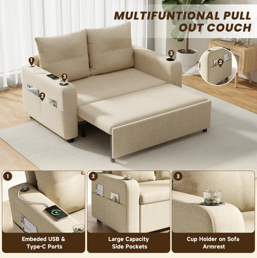 Divano Letto 3-in-1 Beige con Porta Bicchieri, Tasche Laterali, Cuscini e Porta USB, 2 Posti