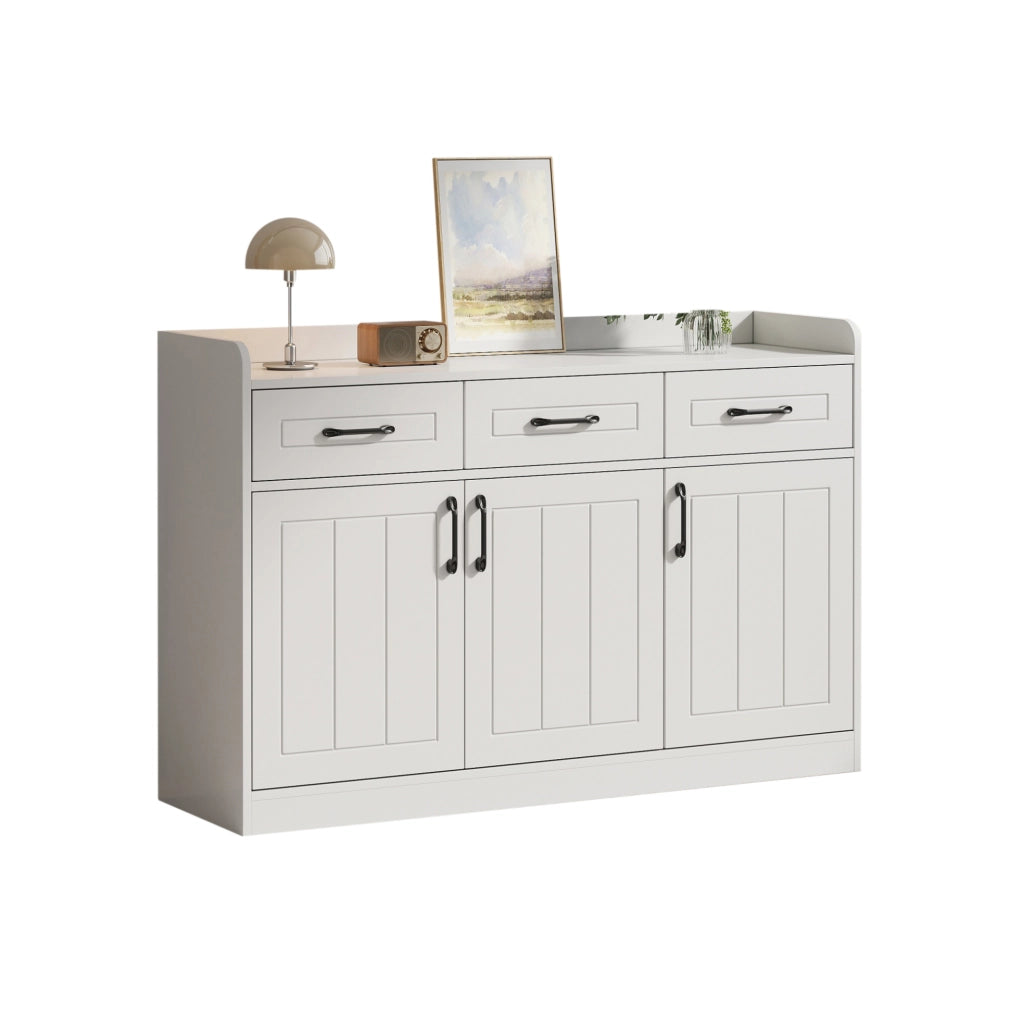 Mobiletto bianco 120x35x80 cm con 3 cassetti e 3 ante, piano regolabile e design a righe