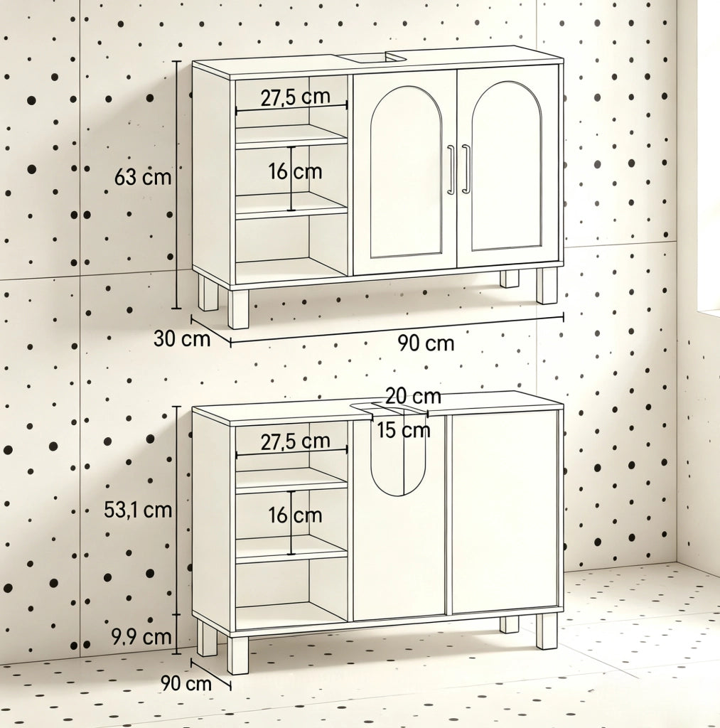 Mobile sottolavabo con 2 ante e ripiani regolabili; 90 × 30 × 63 cm; MDF e truciolare crema