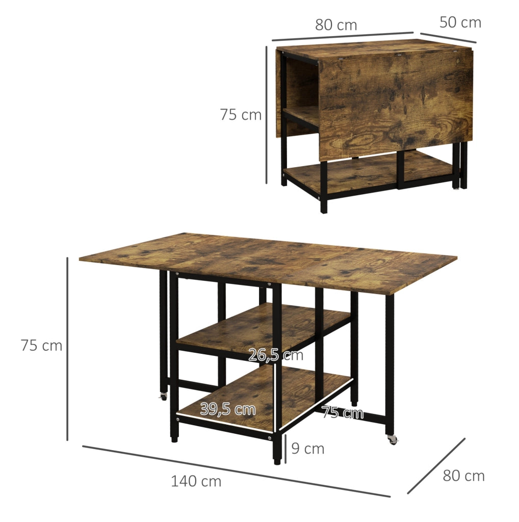 Tavolo da pranzo pieghevole con ripiani e ruote 140x80 cm