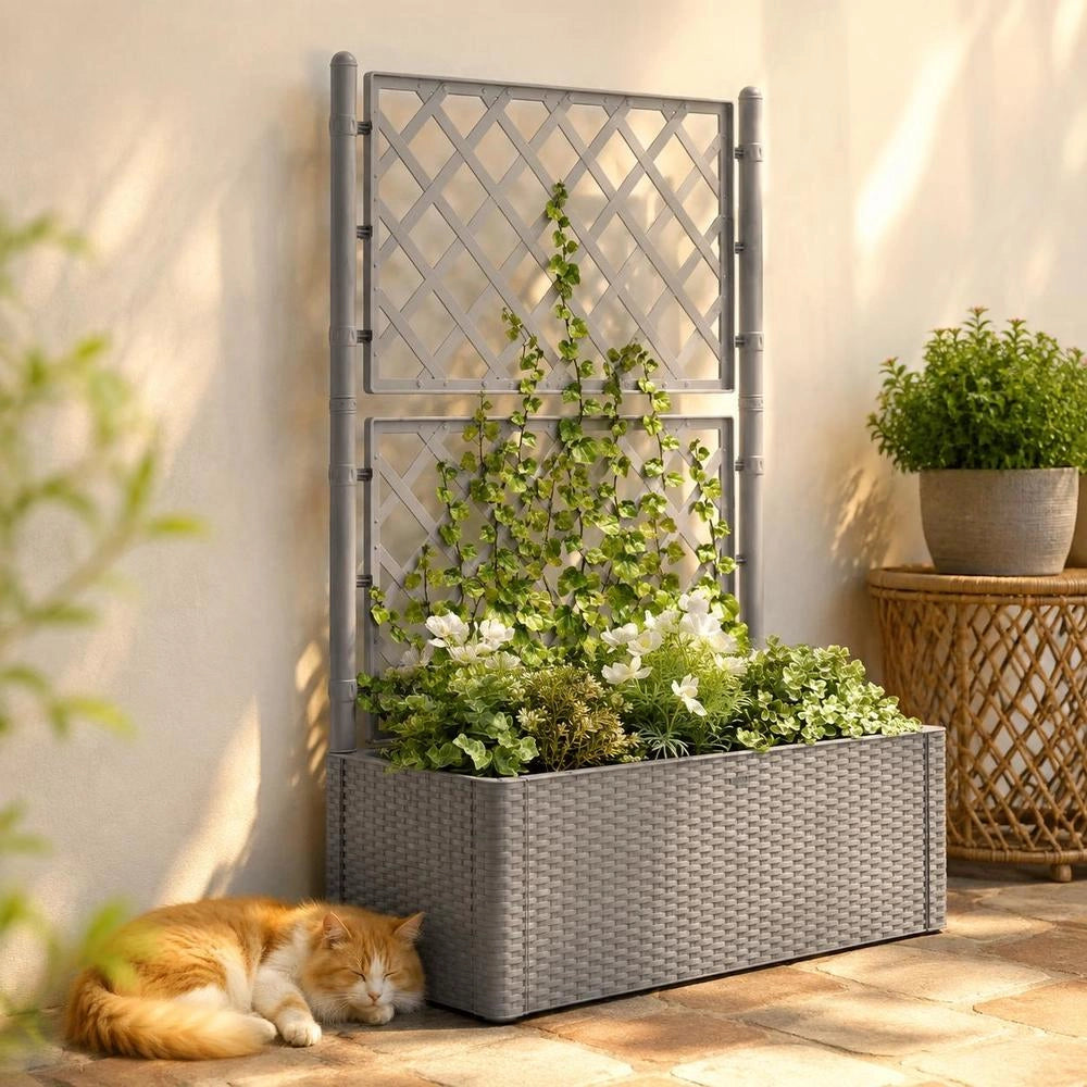 Raised Garden Bed With Trellis And Self-watering System, Grey
