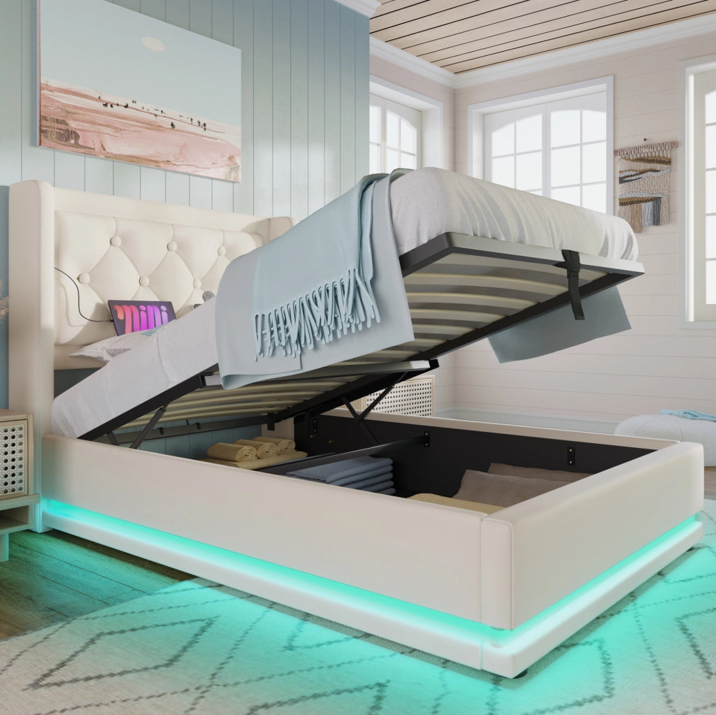 Letto contenitore 90 × 200 cm in PU bianco con LED; USB e Type-C
