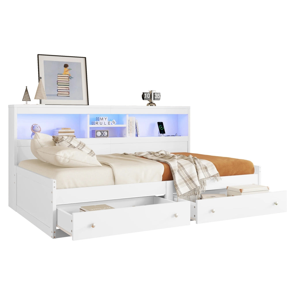 Daybed con 2 USB, LED, 2 cassetti e doghe, 90x200 cm, bianco