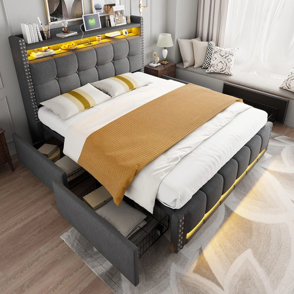 Letto Imbottito Contenitore con LED e USB ¨C MINIMAL ¨C Tessuto Grigio, 4 Cassetti, 160x200