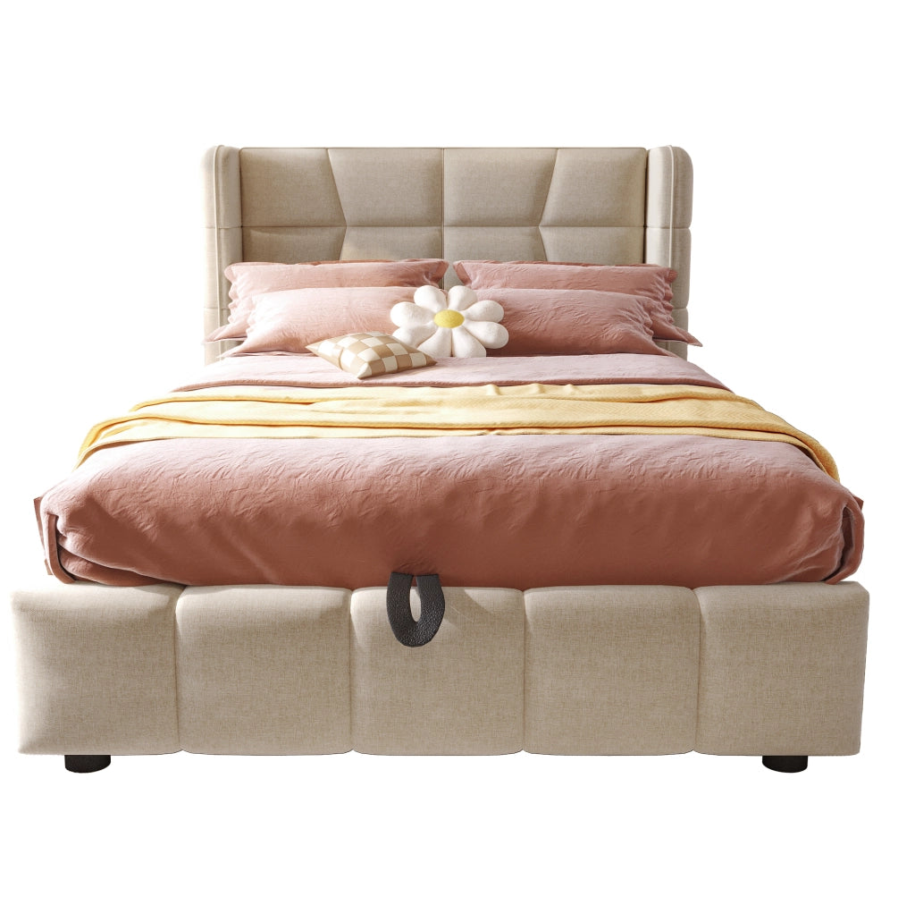 Letto imbottito 90x200 cm beige con contenitore e sollevamento