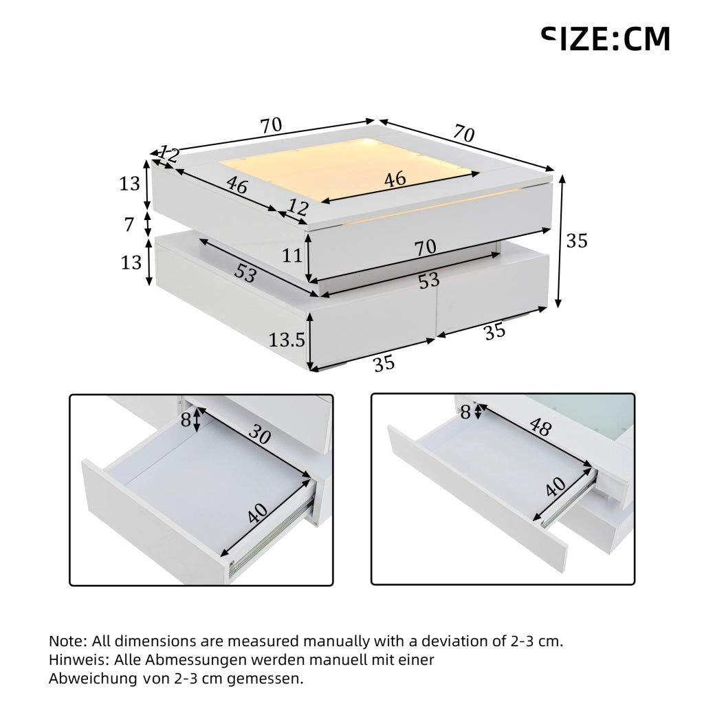 Tavolino da salotto quadrato 70x70x35 cm con LED; 3 cassetti; piano in vetro; bianco lucido