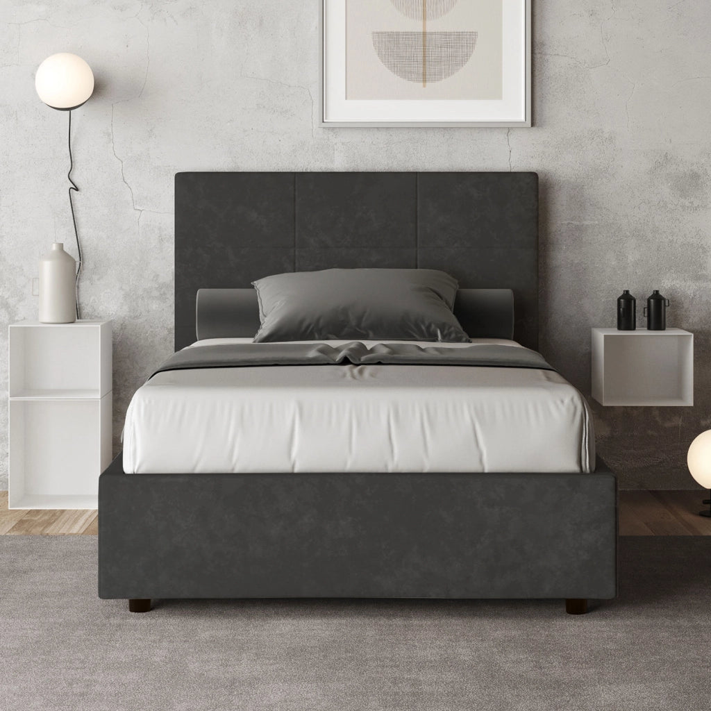 BS COM Letto una piazza e mezza con rete imbottito 120x190 microfibra grigio