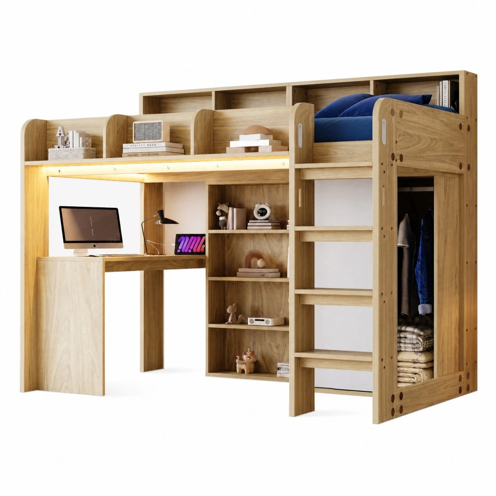Letto a soppalco 90x200 cm con scrivania, armadio, LED e presa in MDF
