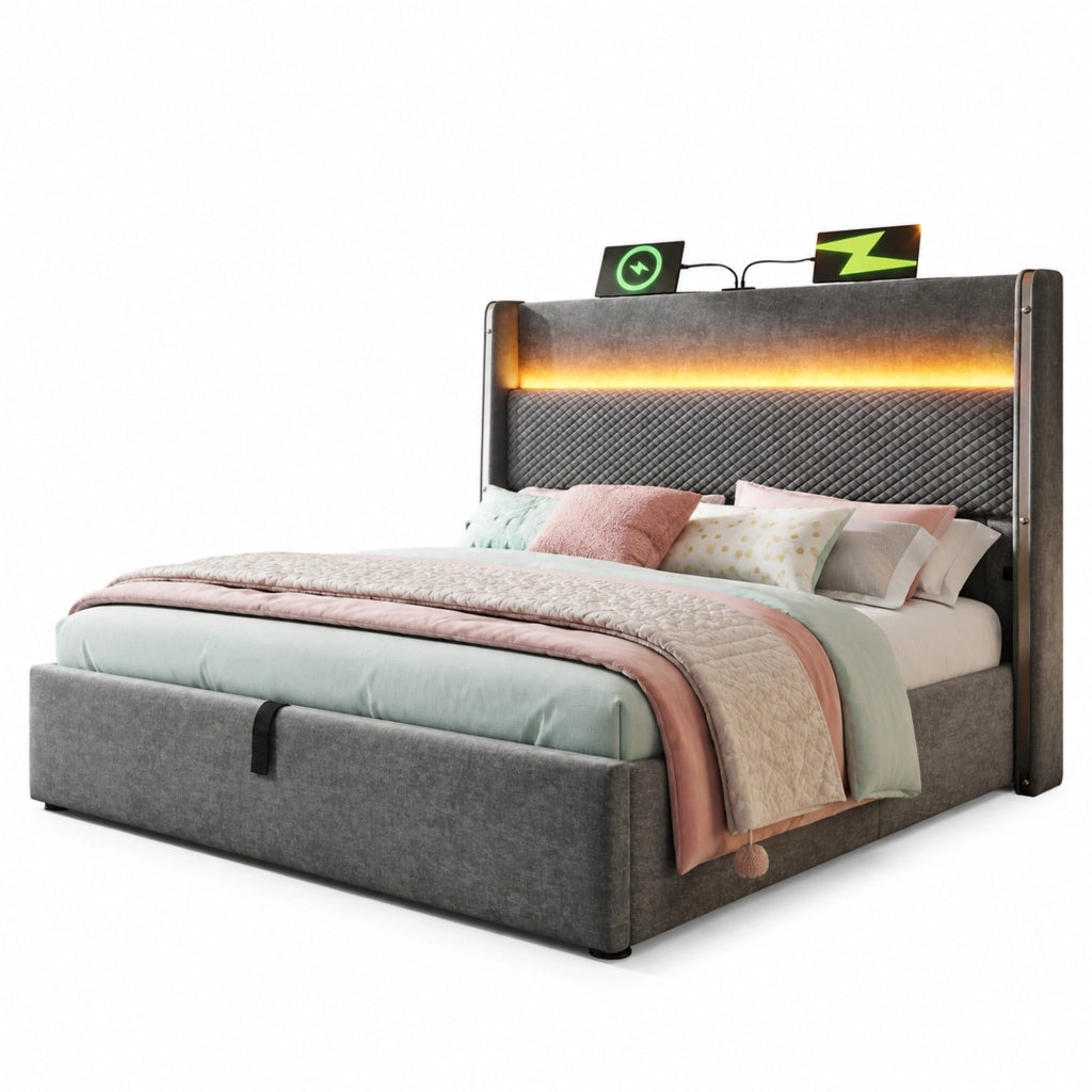 Letto matrimoniale contenitore idraulico 180 × 200 cm con LED; USB e Type-C; lino grigio