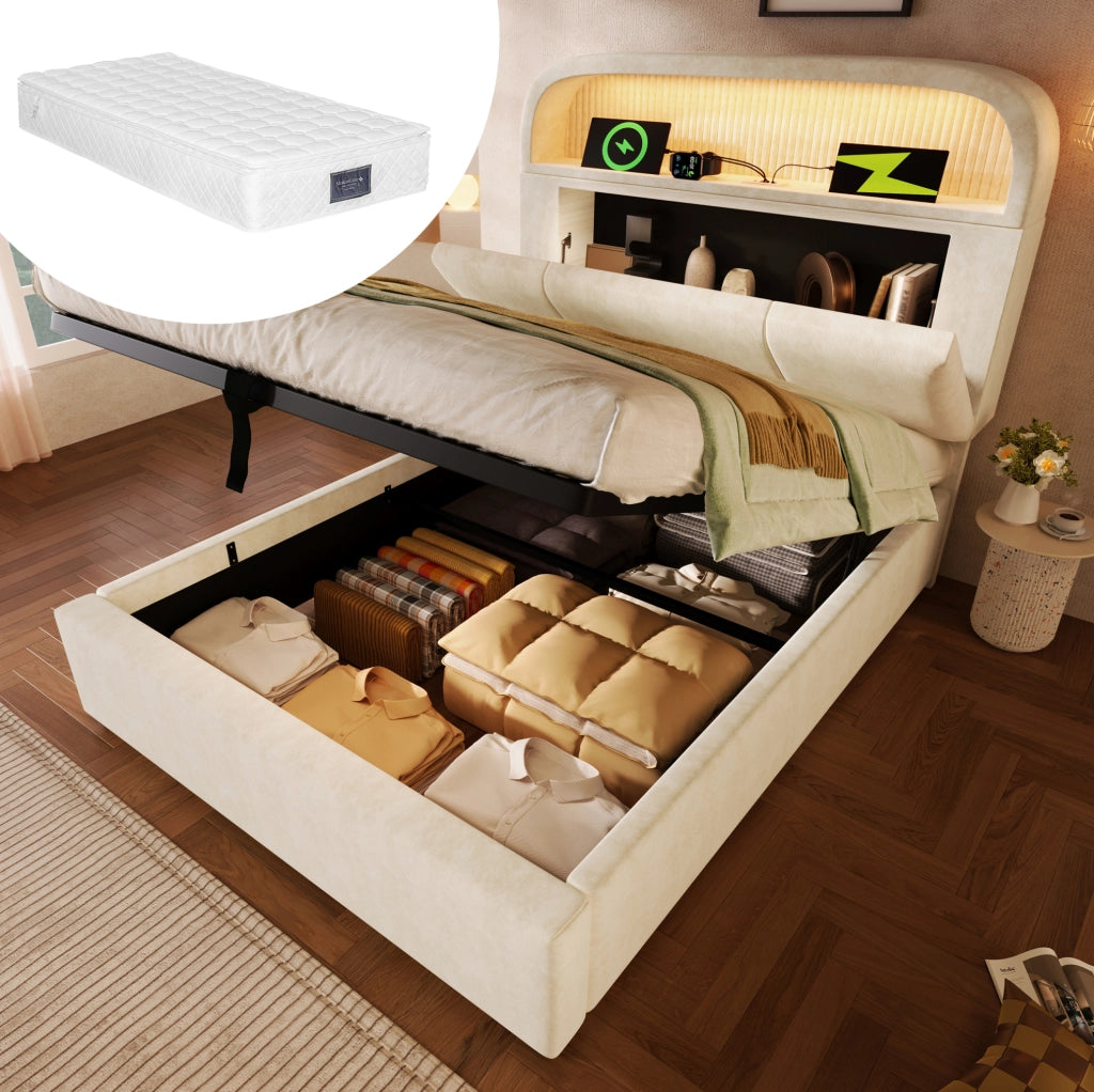 Letto singolo contenitore 90x200 cm beige con LED, USB e materasso