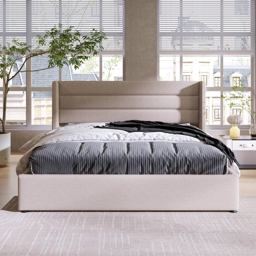 Letto imbottito 160x200 cm con contenitore in lino beige