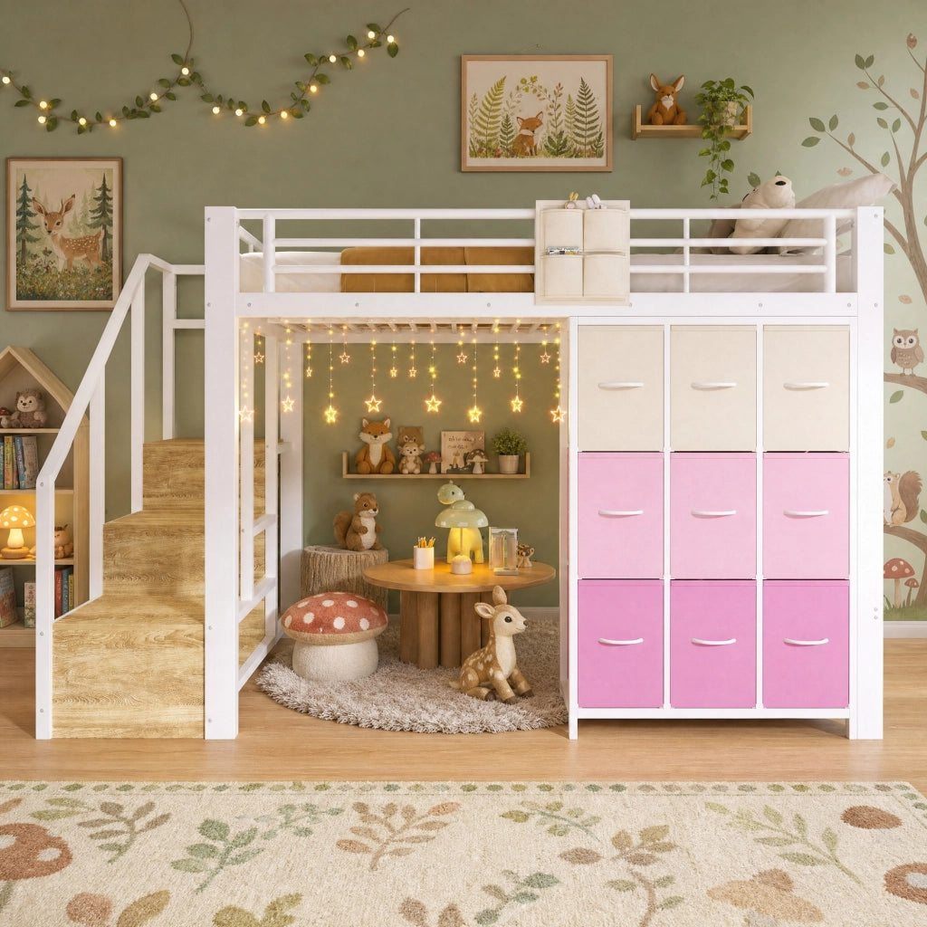Letto a soppalco ULEVR 140x200 cm con cassetti, scala contenitore, barra appendiabiti e sponde, bianco