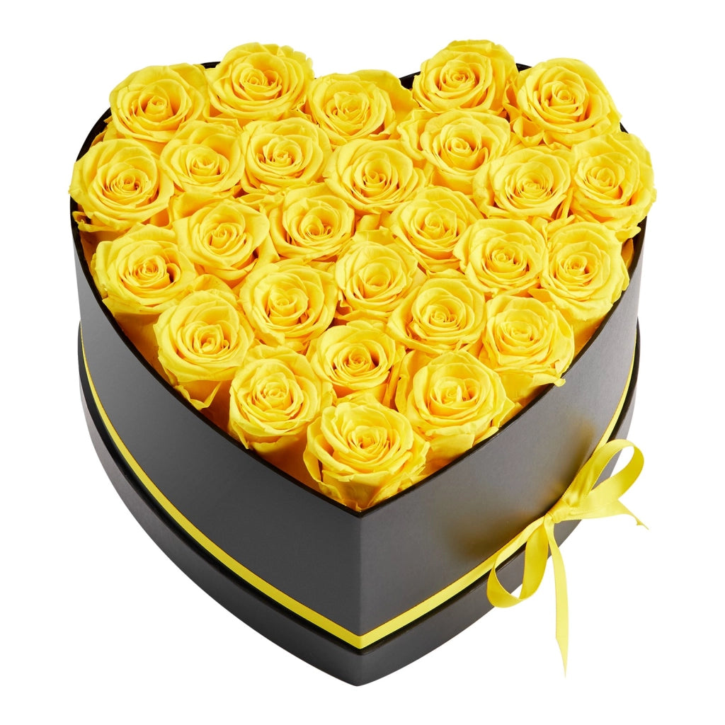 Bouquet di Fiori Eterni con 27 Rose Stabilizzate Heart-27S Scatola a Cuore Giallo per Decorazione Casa