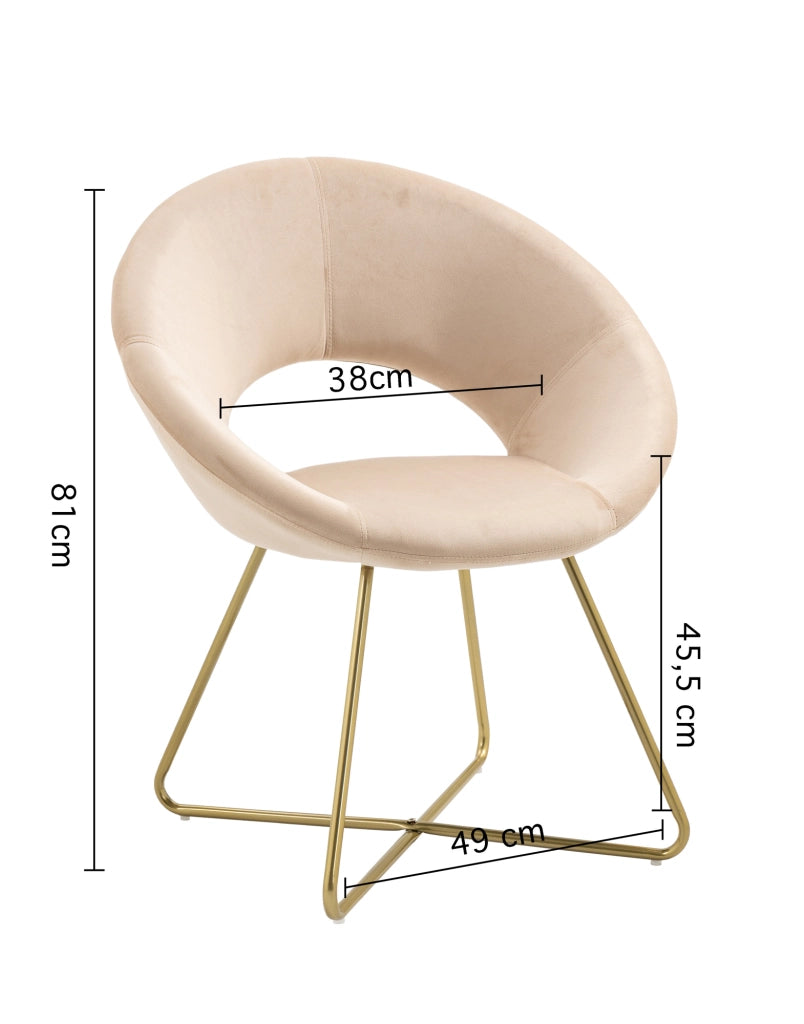Poltrona Tonda Camera da Letto in Velluto Design Moderno, Sedia Imbottita Circolare con Gambe in Metallo Placcato Oro - Poltroncina per Salotto con Seduta Morbida Modello Grace - Beige